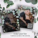 Budget QR CODE-eucalyptus-fotobröllopsinbjudan Flygblad<br><div class="desc">Trendig elegant, vattenfärgsfärgad grönt och dammblå botaniska trädgård ram med genomskinlig fotosvart övertäckning BUDGET allt i en online osa bröllopsinbjudan PAPPER FLYER med ett chic modernt kalligrafiskript. Enkel att anpassa med din information, ett eller två förlovningar och din QR-anpassningsbar till webbplatsen bröllop. TOLK LÄSA DETTA FÖRE KÖP! Det här är...</div>