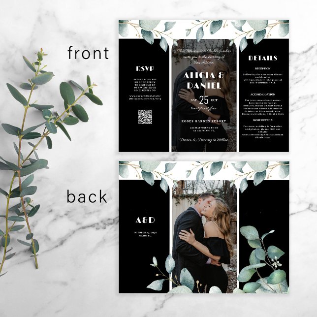 Budget QR-foto RSVP-information eucalyptus bröllop (The size of the invitation is 8.5" x 11")