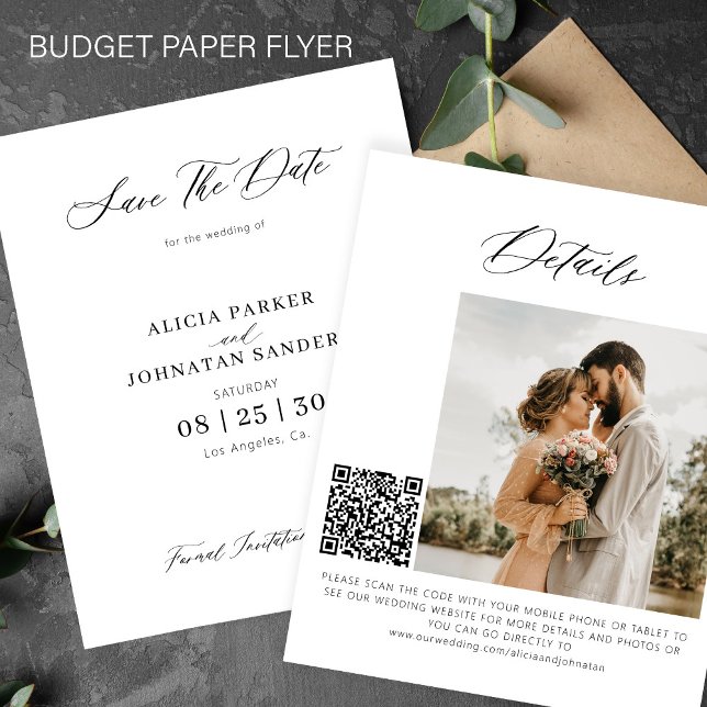 Budget QR-kod elegant foto bröllop spara datum Flygblad (Skapare uppladdad)