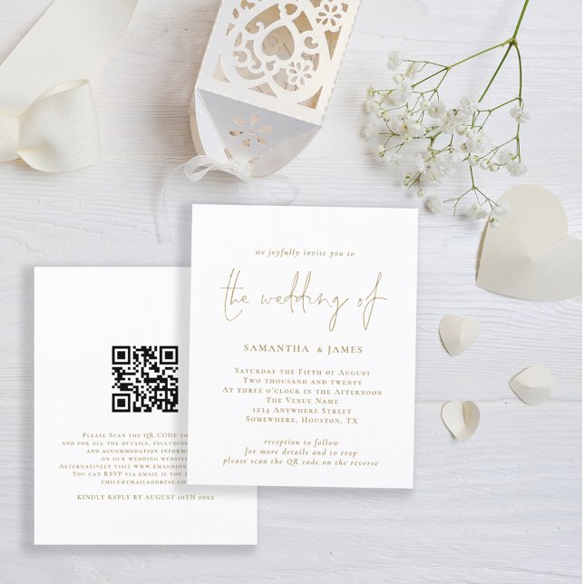 Budget QR-kod Guld Vit Bröllopsinbjudan (Front and back view. Budget price smaller invitation. Part of a matching wedding suite.)