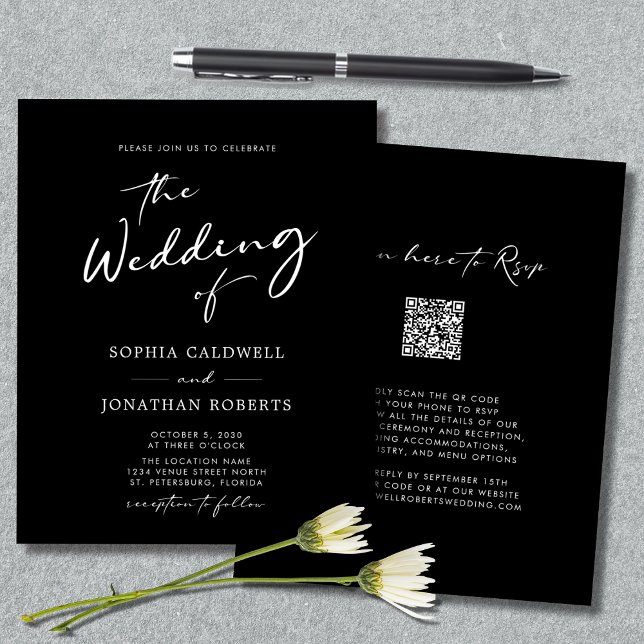Budget QR-kod Kalligrafi Svart-vit Bröllop Flygblad (Budget QR Code Modern Calligraphy Black and White Wedding Invitation Flyer)