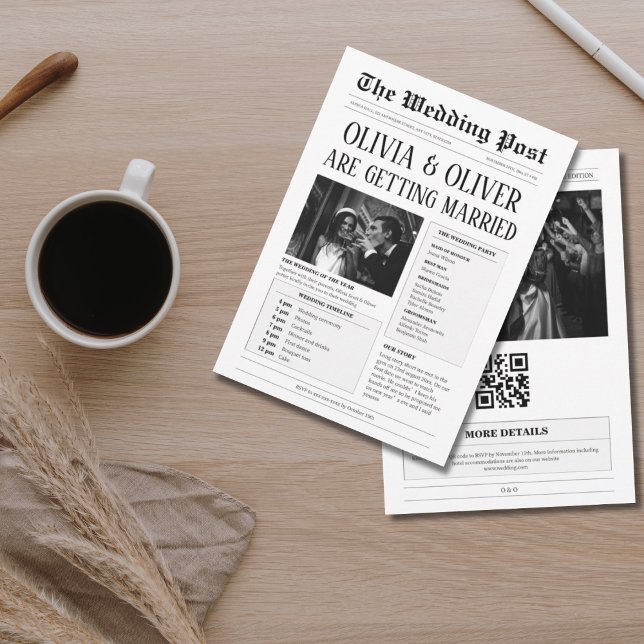 Budget, QR-kod, lustig tidning bröllop Inbjudningar (Skapare uppladdad)