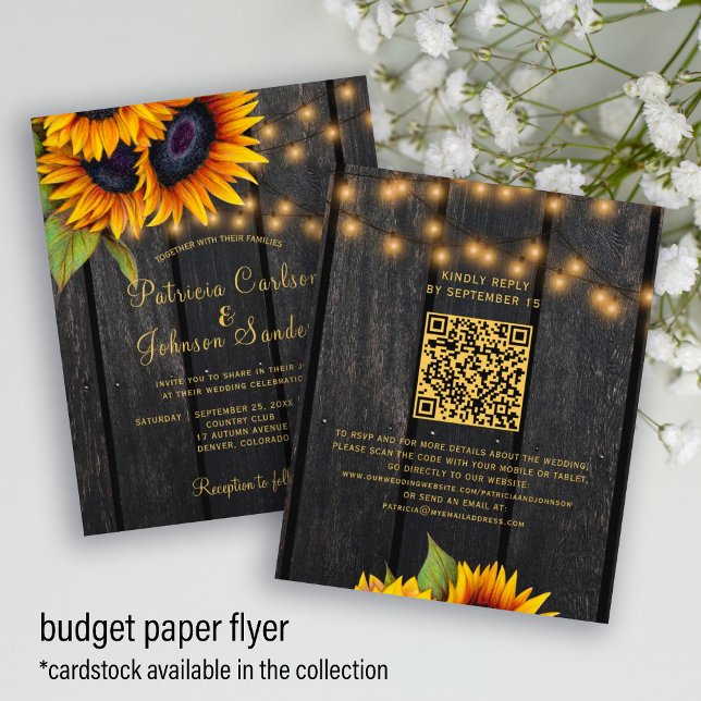 Budget QR-kod rustic solros bröllopsinbjudan Flygblad (Skapare uppladdad)