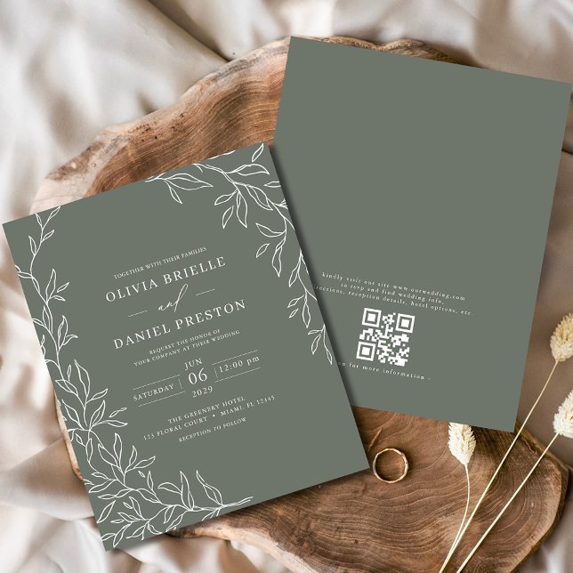 Budget QR-kod Sage Green Bröllopsinbjudan Flygblad (Skapare uppladdad)
