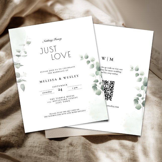 Budget QR-kod Trendig grönska Bröllopsinbjudan (Nothing fancy just love wedding invitation with greenery eucalyptus details.)