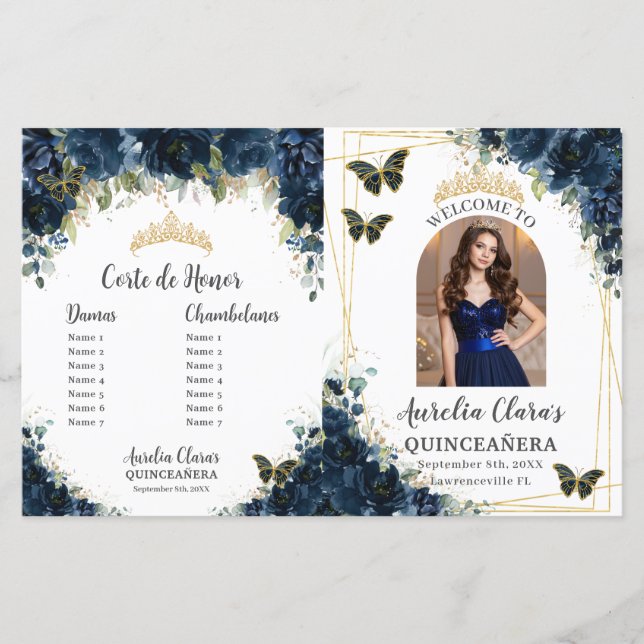 Budget Quinceañera 15 Navy Floral Padrinos Program (Framsida)