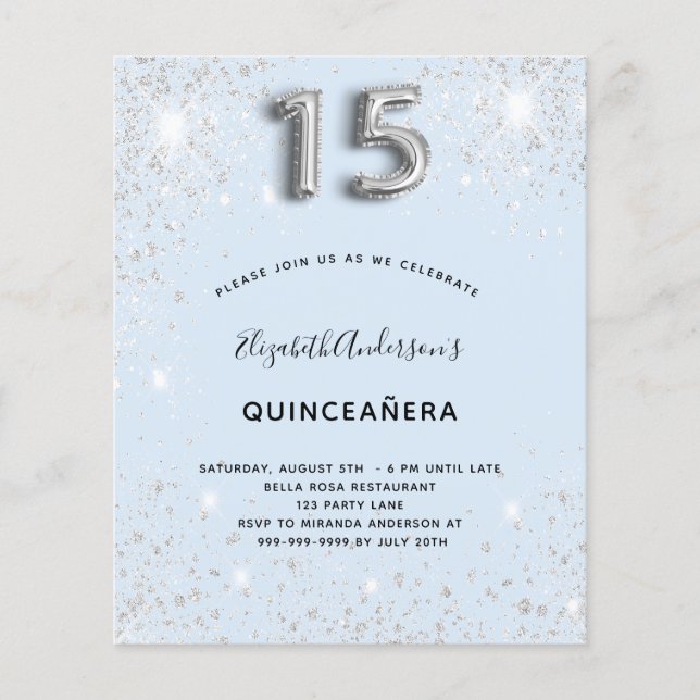 Budget Quinceanera babyblå silverglitter (Framsida)
