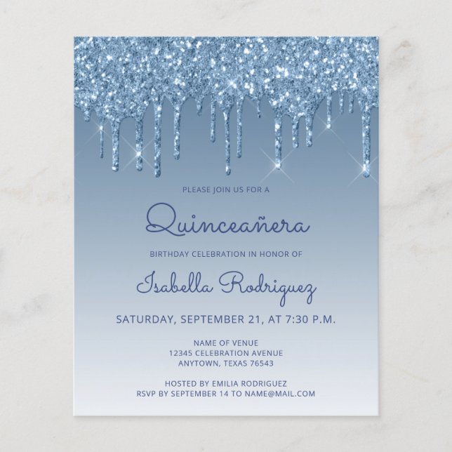 Budget Quinceañera Blå Glitter Dropp Inbjudan (Framsida)