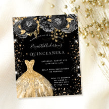 Budget Quinceanera Black guld glitter dress blommi