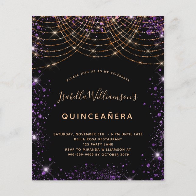 Budget Quinceanera Black lila guld glitter stoft (Framsida)