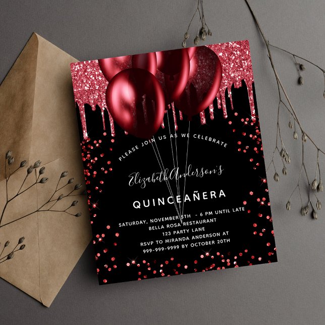 Budget Quinceanera Black Red glitter inbjudan (Skapare uppladdad)
