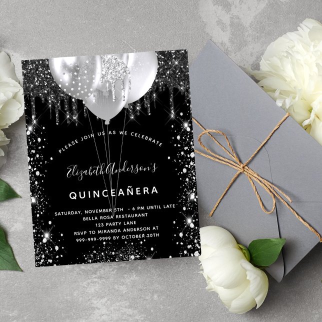 Budget Quinceanera Black silver-ballonginbjudan (Skapare uppladdad)