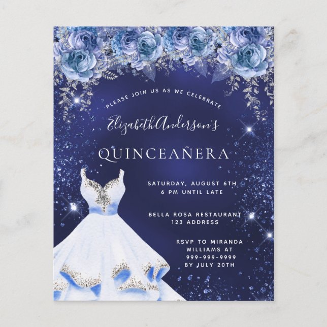 Budget Quinceanera Blue glitter dress blommigt (Framsida)