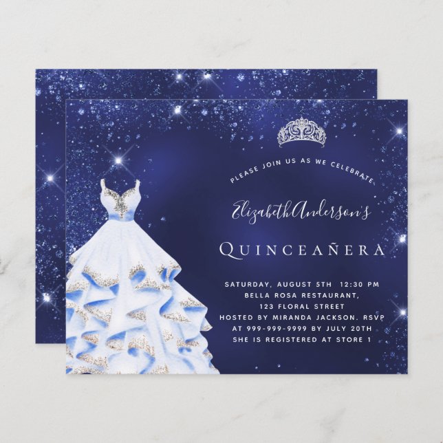 Budget Quinceanera blue silver tiara-inbjudan (Fram/baksida)