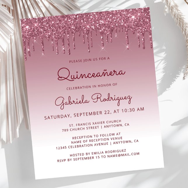 Budget Quinceañera Burgunder Glitter Drip Inbjudan (Skapare uppladdad)
