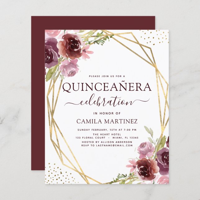 Budget Quinceanera Burgunder Rosa Geometrisk Blomm (Fram/baksida)