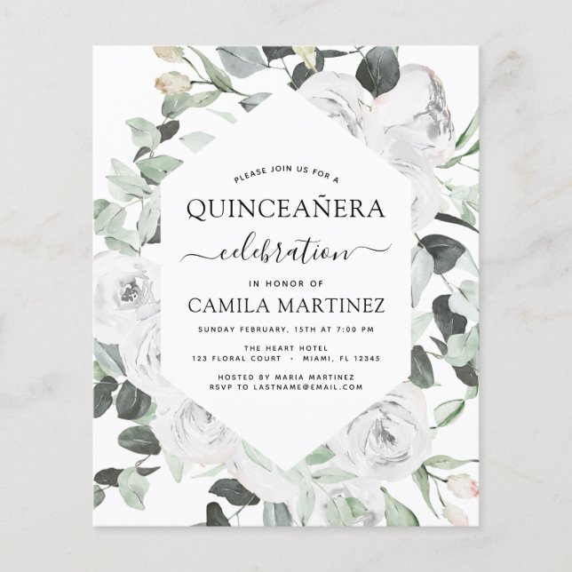 Budget Quinceañera Eucalyptus Blommigt Vit ros Flygblad (Framsidan)