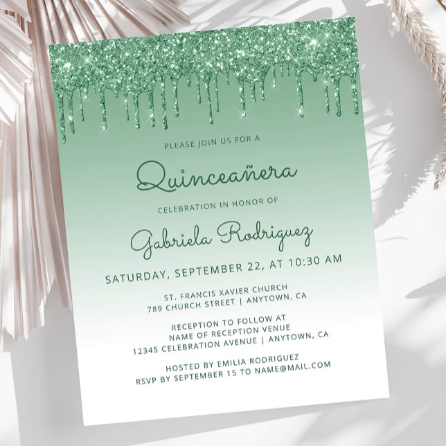 Budget Quinceañera Grön Glitter Dropp Inbjudan (Skapare uppladdad)