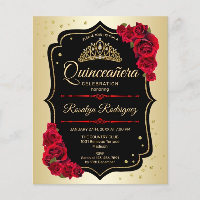 Budget Quinceanera - Guld Black Red-inbjudan Flygblad (Framsidan)