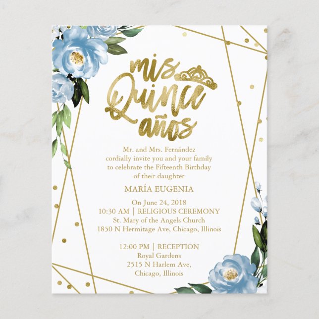 Budget Quinceanera-inbjudan Bilingual Blue (Framsida)