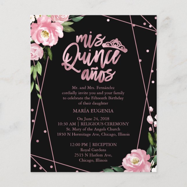Budget Quinceanera-inbjudan Bilingual Rosa Black (Framsida)