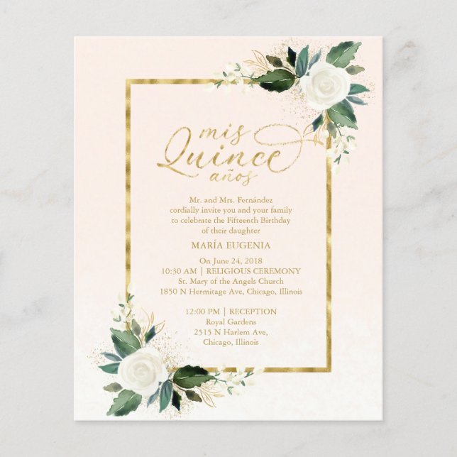Budget Quinceanera-inbjudan Bilingual Rosa Guld (Framsida)