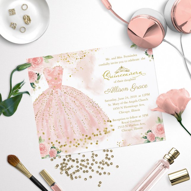 Budget Quinceanera-inbjudan Bilingual Rosa Klännin (Skapare uppladdad)