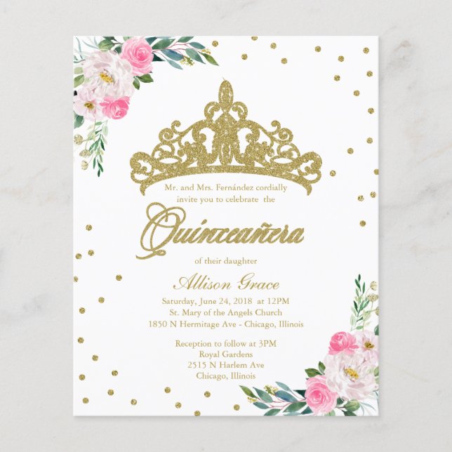 Budget Quinceanera-inbjudan Bilingual Tiara (Framsida)