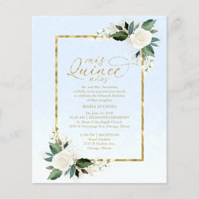Budget Quinceañera-inbjudan Damblå Blommig (Framsida)