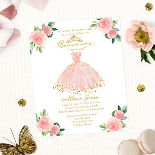 Budget Quinceanera-inbjudan Guld Blush Klänning