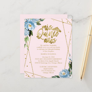 Budget Quinceanera-inbjudan Guld Foil Rosa Blue