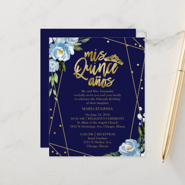 Budget Quinceanera-inbjudan Guld Folie Mörkblå (Fram/Back In Situ)