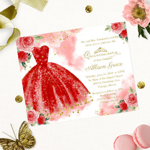 Budget Quinceanera-inbjudan Guld Röd klänning