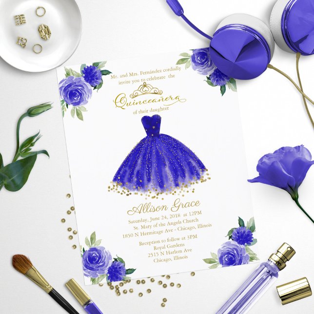 Budget Quinceanera-inbjudan Guld Royalblå klänning (Skapare uppladdad)