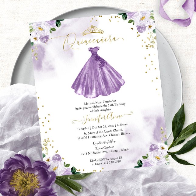 Budget Quinceanera Inbjudan Lila Blommig Klänning (Skapare uppladdad)