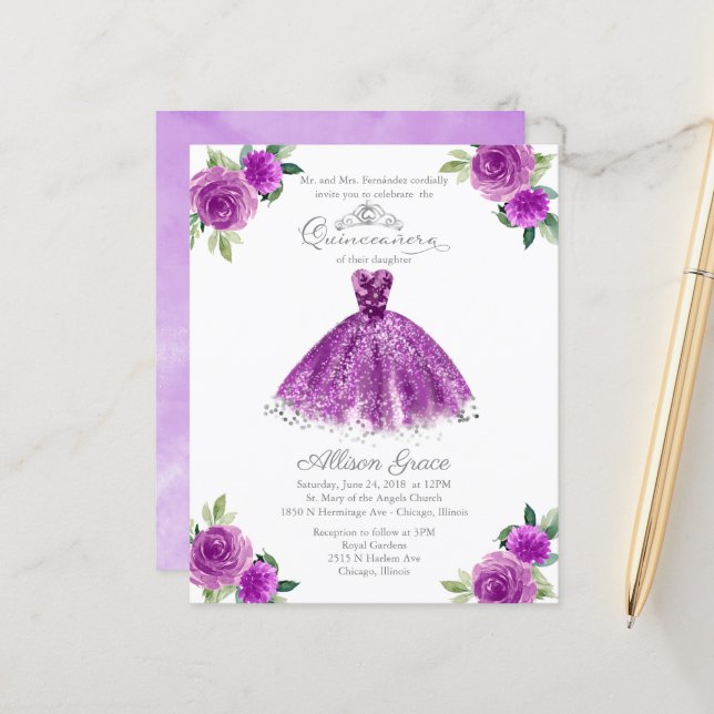 Budget Quinceanera-inbjudan Lila Klänning (Fram/Back In Situ)