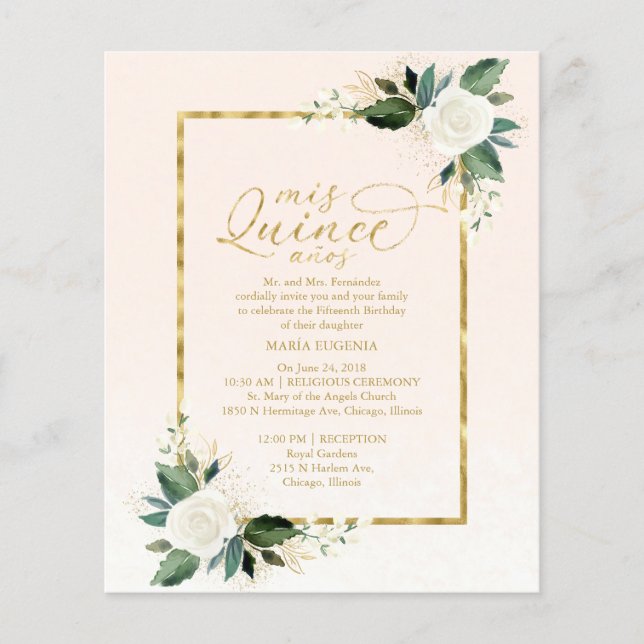 Budget Quinceanera-inbjudan Rosa Guld Blommig (Framsida)