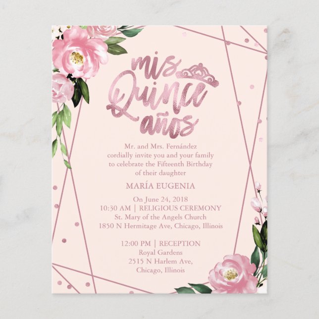 Budget Quinceanera-inbjudan Rose Gold Blush Rosa (Framsida)