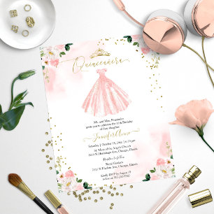 Budget Quinceanera Inbjudan Rosenskära Blommig Klä