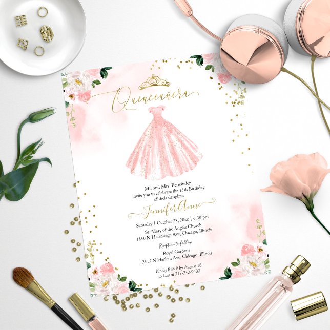 Budget Quinceanera Inbjudan Rosenskära Blommig Klä (Skapare uppladdad)