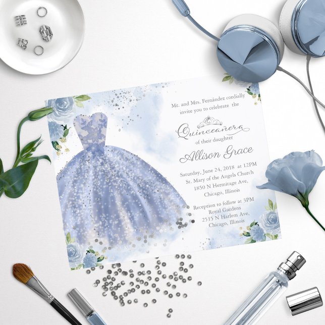 Budget Quinceanera-inbjudan Silver Blå Klänning (Skapare uppladdad)