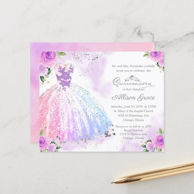Budget Quinceanera-inbjudan Silver Färgglad Klänni (Fram/Back In Situ)