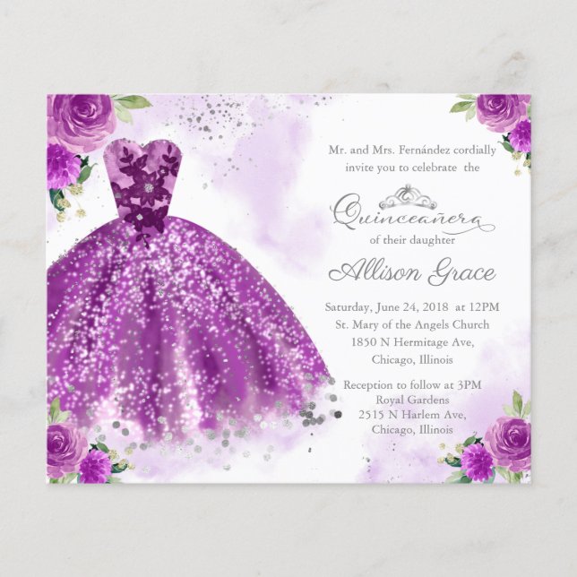 Budget Quinceañera-inbjudan Silver Lila Klänning (Framsida)