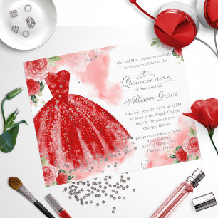 Budget Quinceanera-inbjudan Silver Röd Klänning