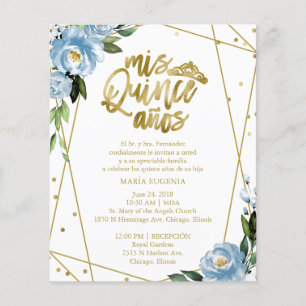 Budget Quinceanera-inbjudan Spansk Blå Blommig