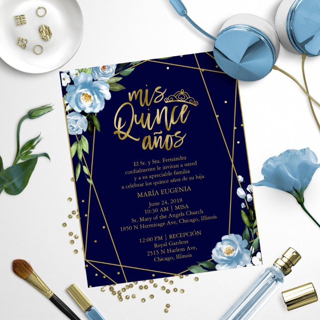 Budget Quinceanera-inbjudan Spansk Blå Blommig (Skapare uppladdad)