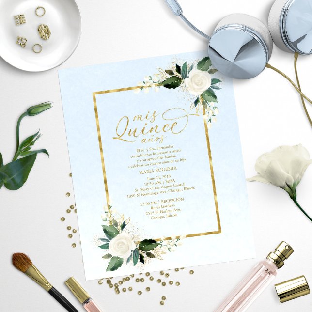 Budget Quinceañera Inbjudan Spansk Blå Guld (Skapare uppladdad)