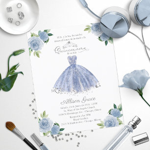 Budget Quinceanera-inbjudan Spansk blå klänning
