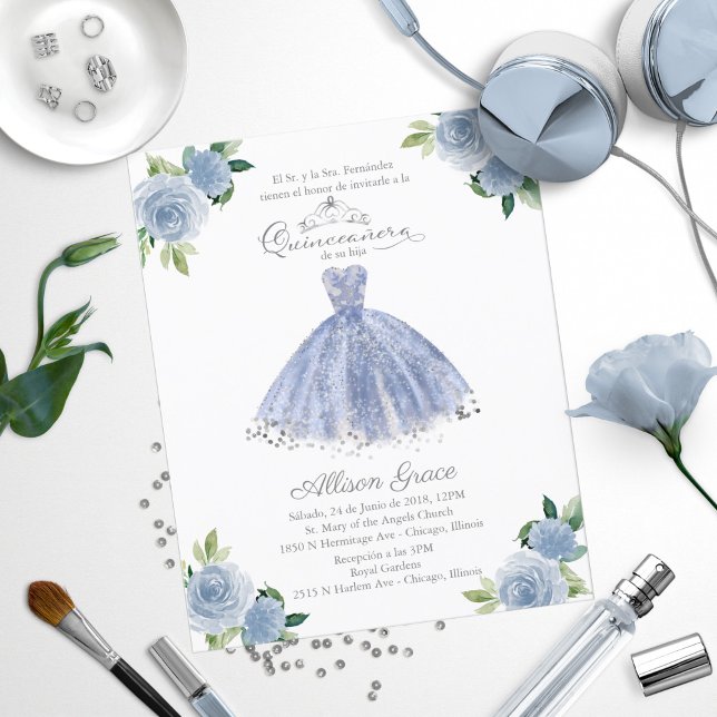 Budget Quinceanera Inbjudan Spansk Blå Klänning (Skapare uppladdad)