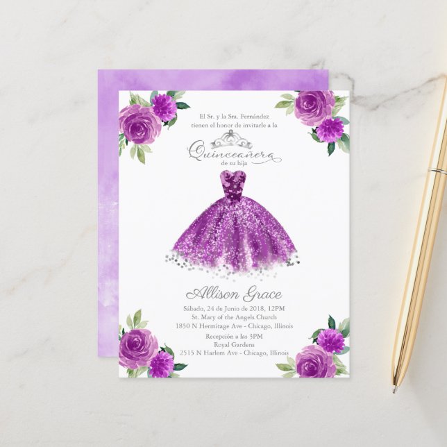 Budget Quinceanera-inbjudan spansk lila klänning (Fram/Back In Situ)